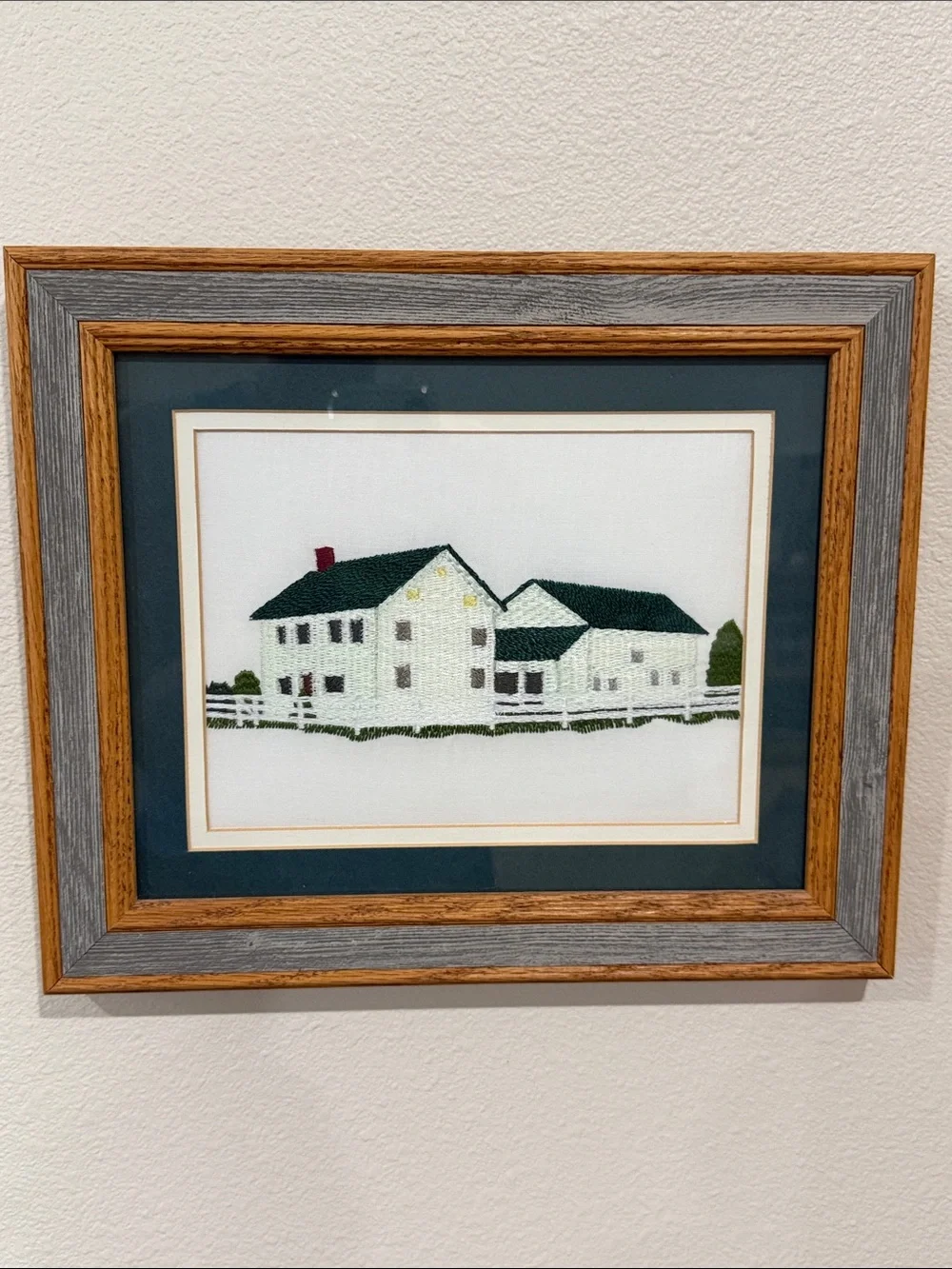 Vtg Needlepoint Embroidered White Farmhouse Crewel Barn wood Frame Wall Hanging